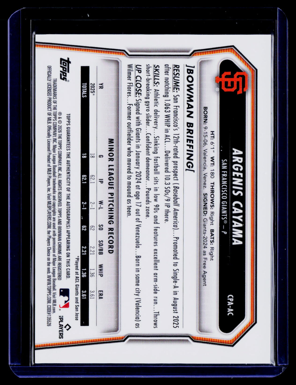 2026 Bowman Chrome Argenis Cayama 1st Bowman /75 CPA-AC