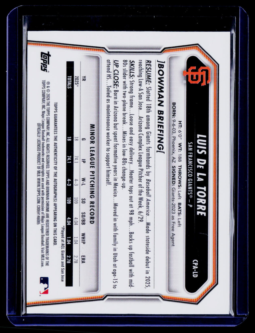 2026 Bowman Chrome 1st LUIS DE LA TORRE Auto #CPA-LD BLUE /150