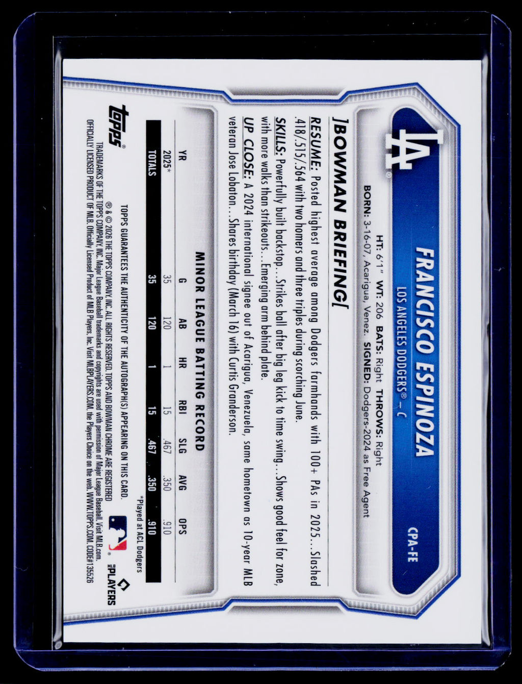 2026 Bowman Chrome Francisco Espinoza CPA-FE 1st Base Prospect Auto /250 Dodgers