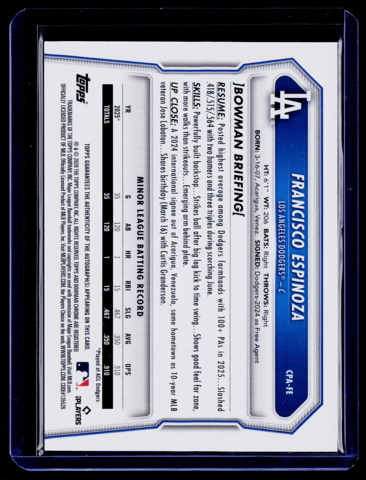 2026 Bowman Chrome Francisco Espinoza CPA-FE 1st Base Prospect Auto /250 Dodgers