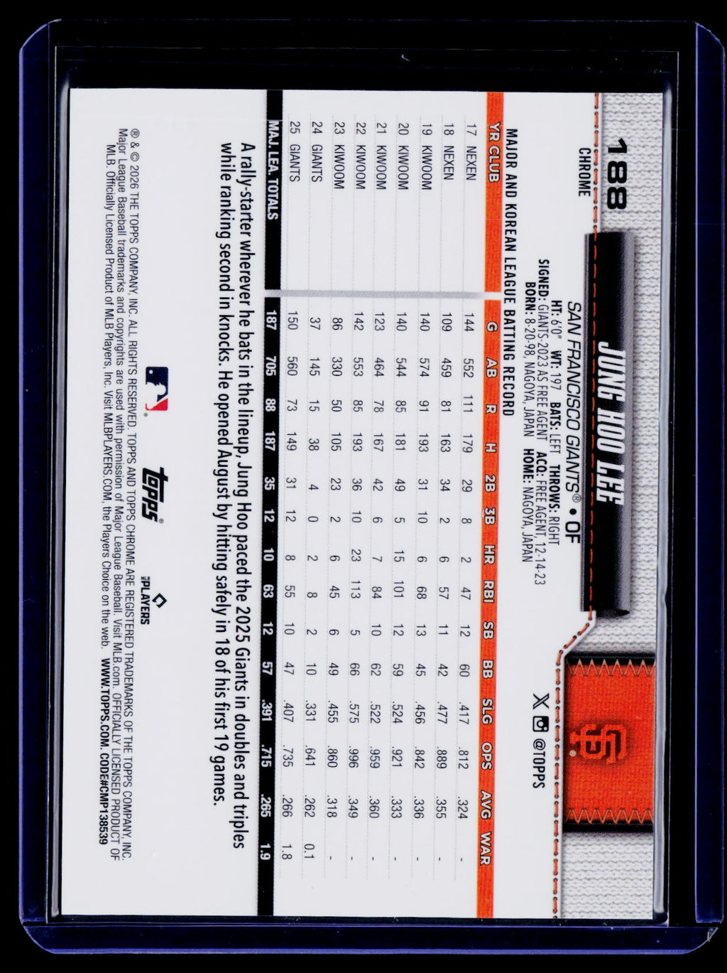 2026 Topps Chrome #188 Jung Hoo Lee Orange Refractors #/25