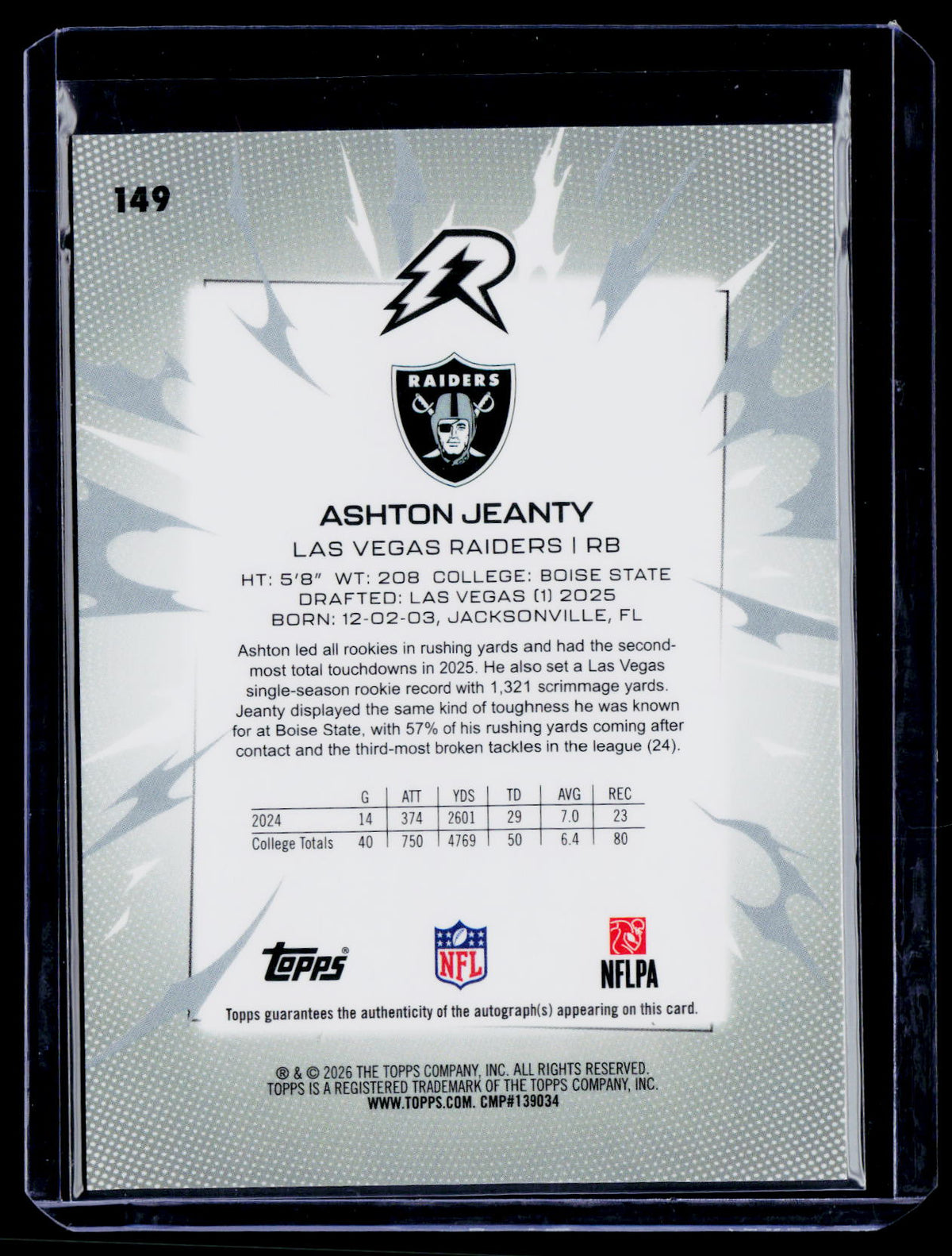 2025 Topps Resurgence #149 Ashton Jeanty Signatures Magenta Surge Refractor /299
