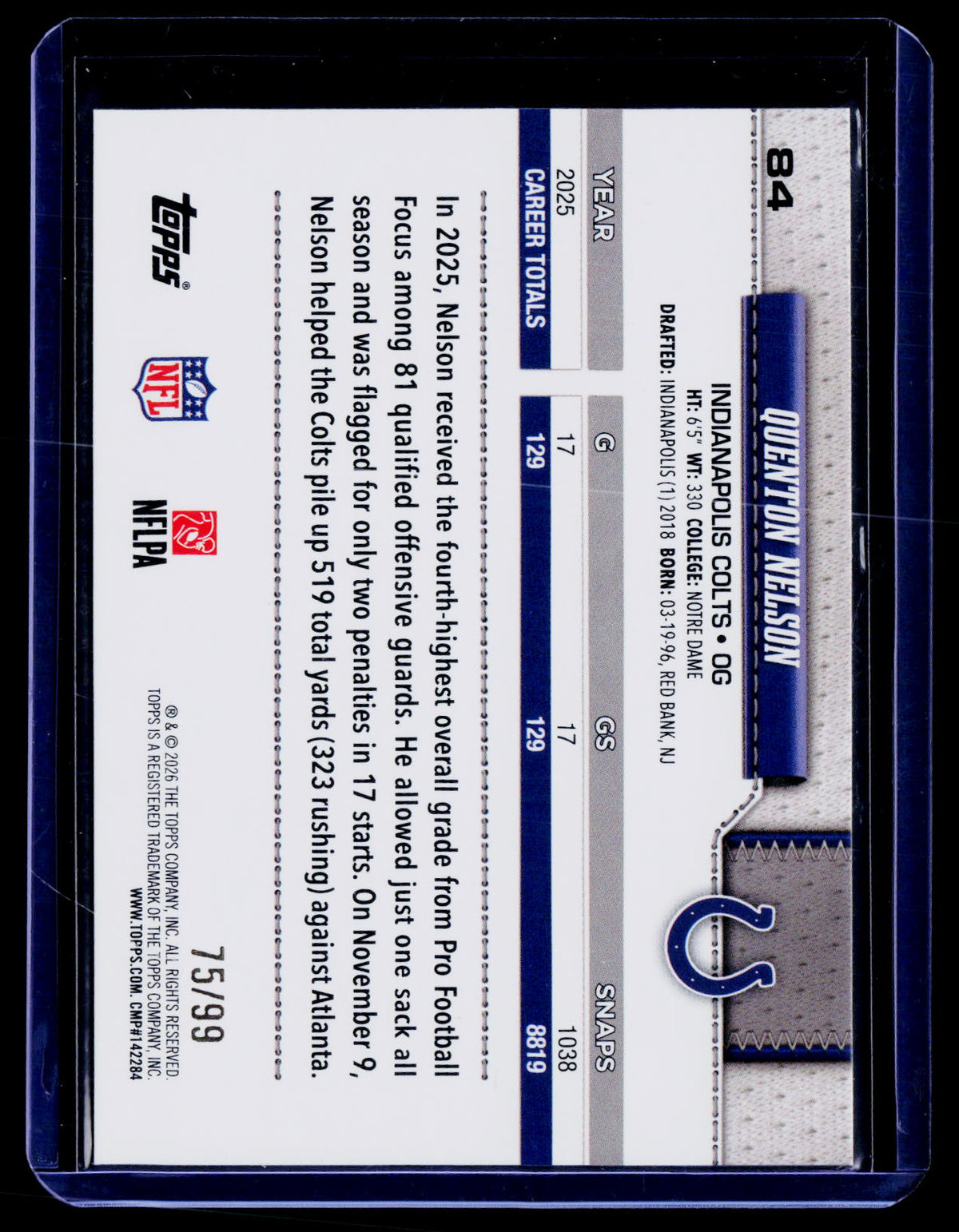 2026 Topps Flagship #84 Quenton Nelson Green Holo Foil #/99