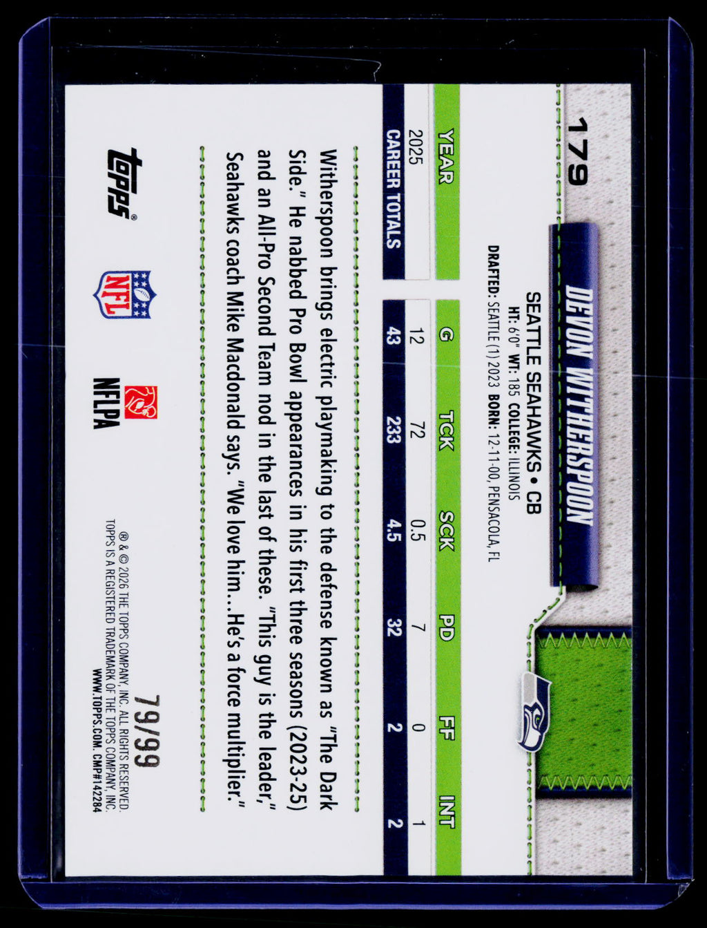 2026 Topps Flagship #179 Devon Witherspoon Green Football #/99