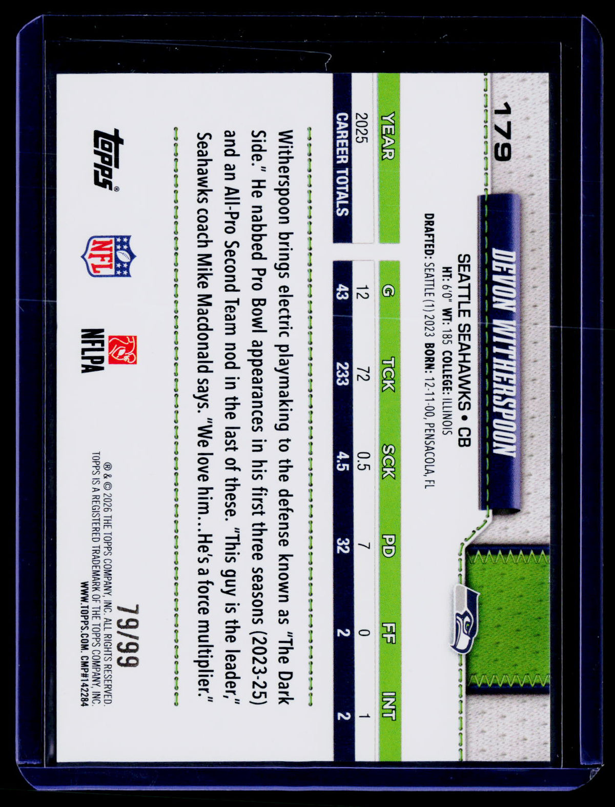2026 Topps Flagship #179 Devon Witherspoon Green Football #/99