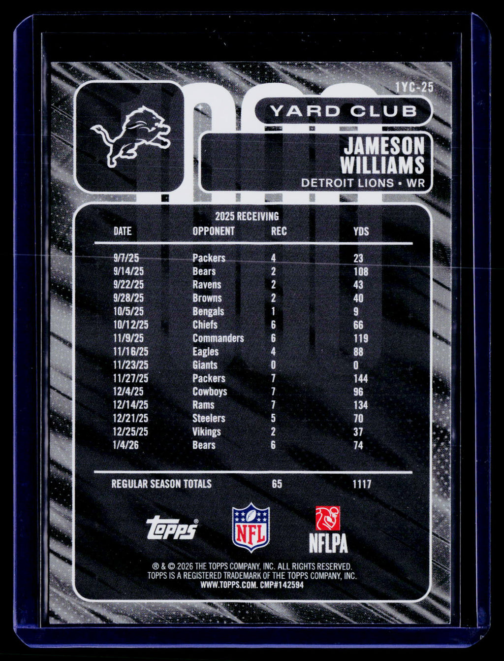 2026 Topps Flagship Football #1YC-25 Jameson Williams 1000 Yard Club SSP Lions