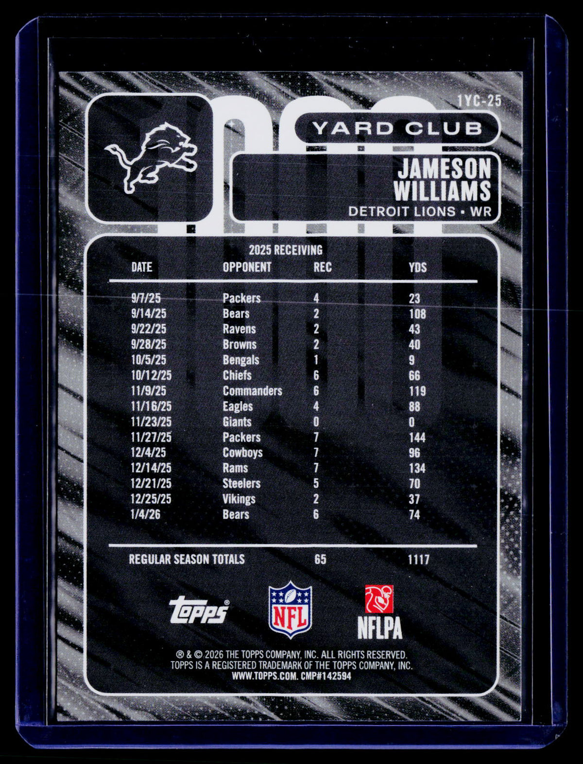 2026 Topps Flagship Football #1YC-25 Jameson Williams 1000 Yard Club SSP Lions