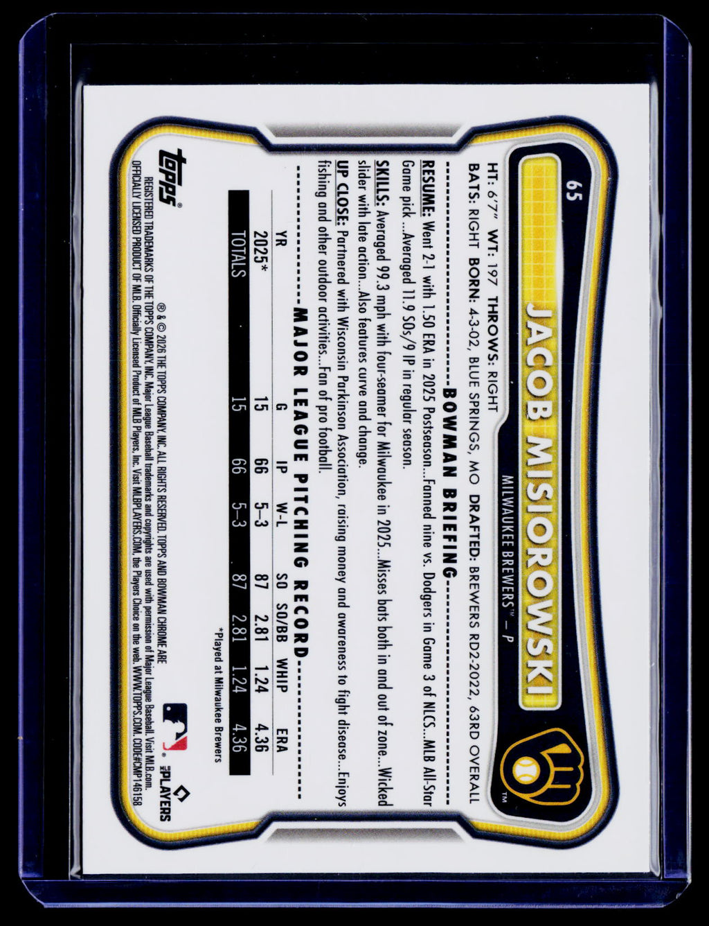 2026 Bowman Chrome #65 Jacob Misiorowski Red RC