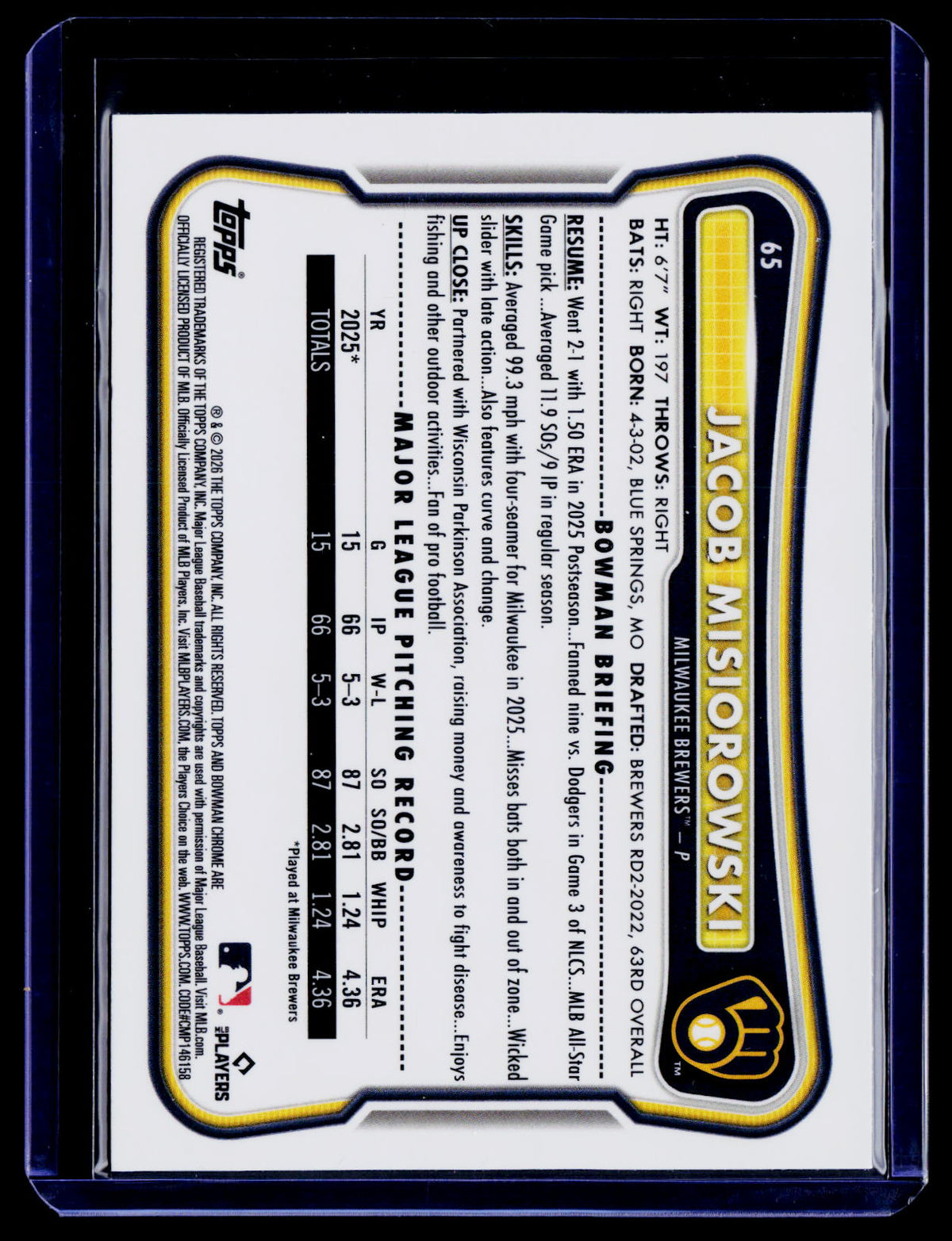 2026 Bowman Chrome #65 Jacob Misiorowski Red RC