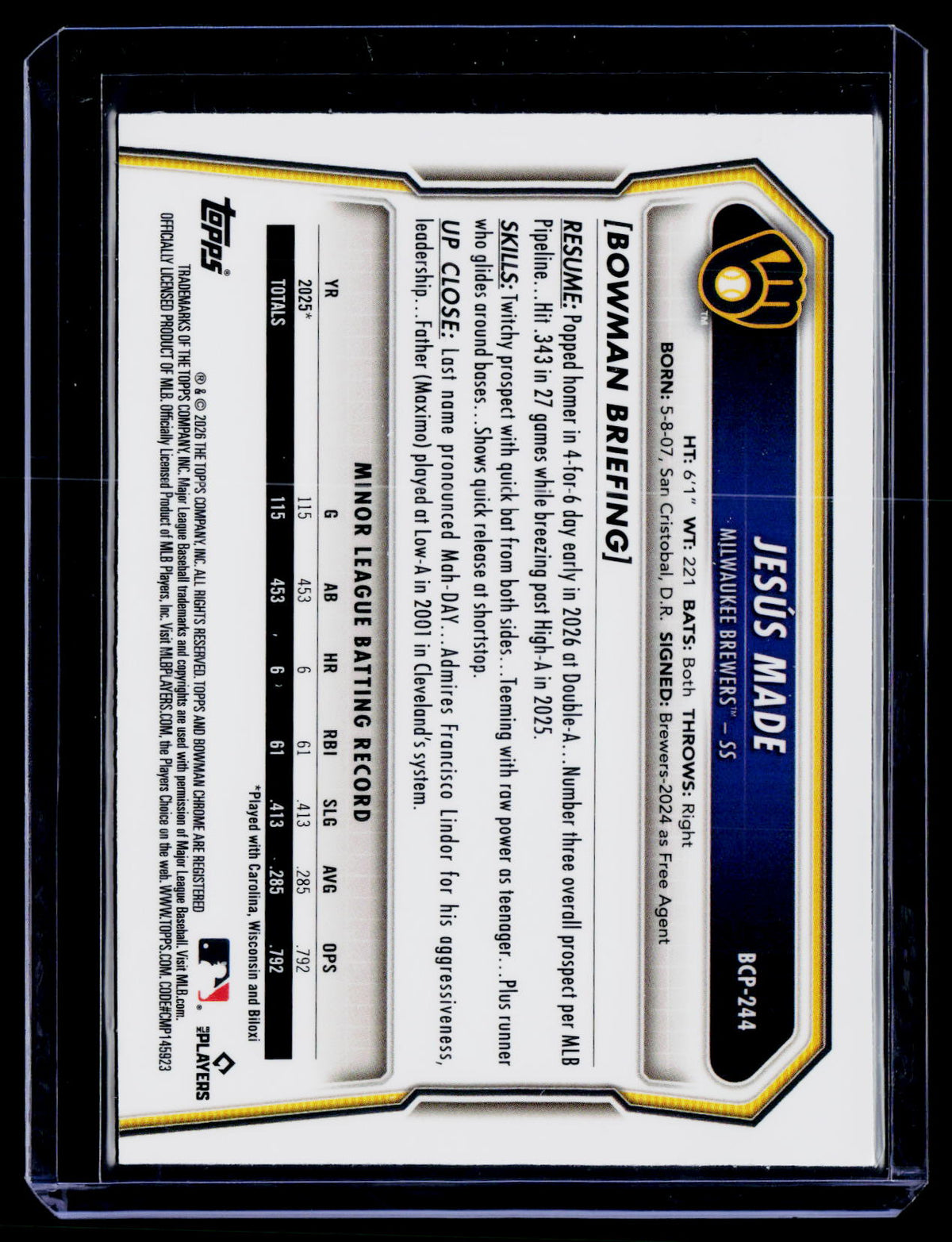 2026 Bowman Chrome #BCP-244 Jesús Made AL/NL Logofractor