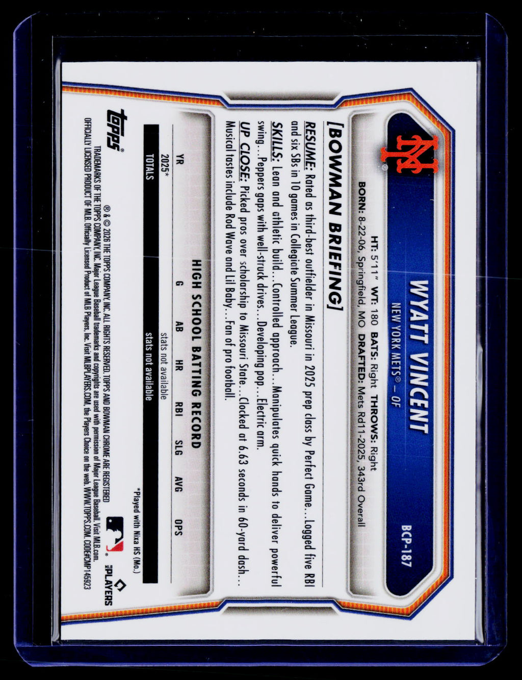 2026 Bowman Chrome #BCP-187 Wyatt Vincent Prospects Gold Refractor #/50