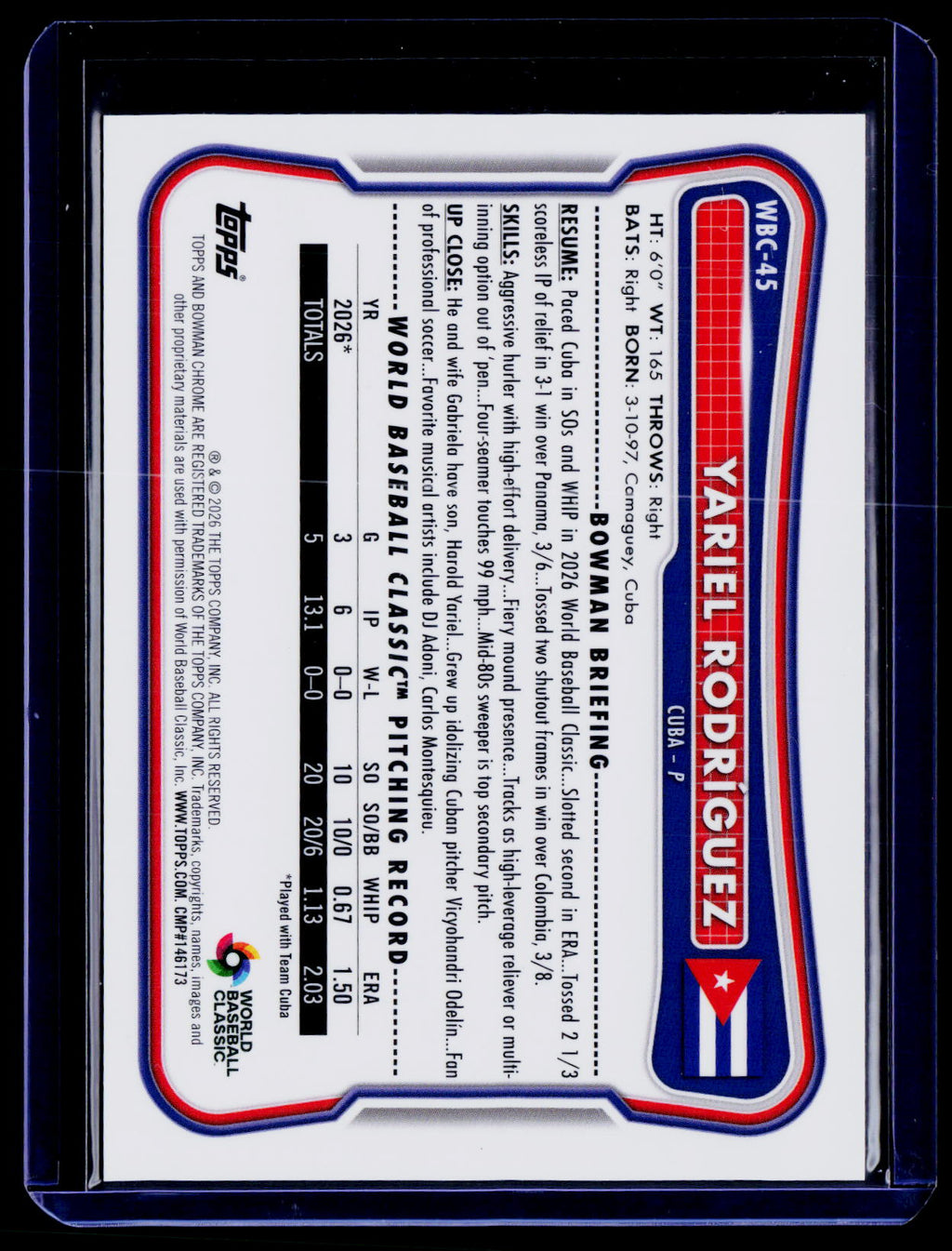 2026 Bowman Chrome #WBC-45 Yariel Rodríguez WBC Flag Gold Refractor #/50