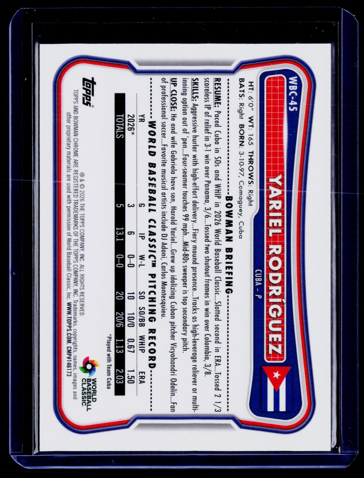 2026 Bowman Chrome #WBC-45 Yariel Rodríguez WBC Flag Gold Refractor #/50