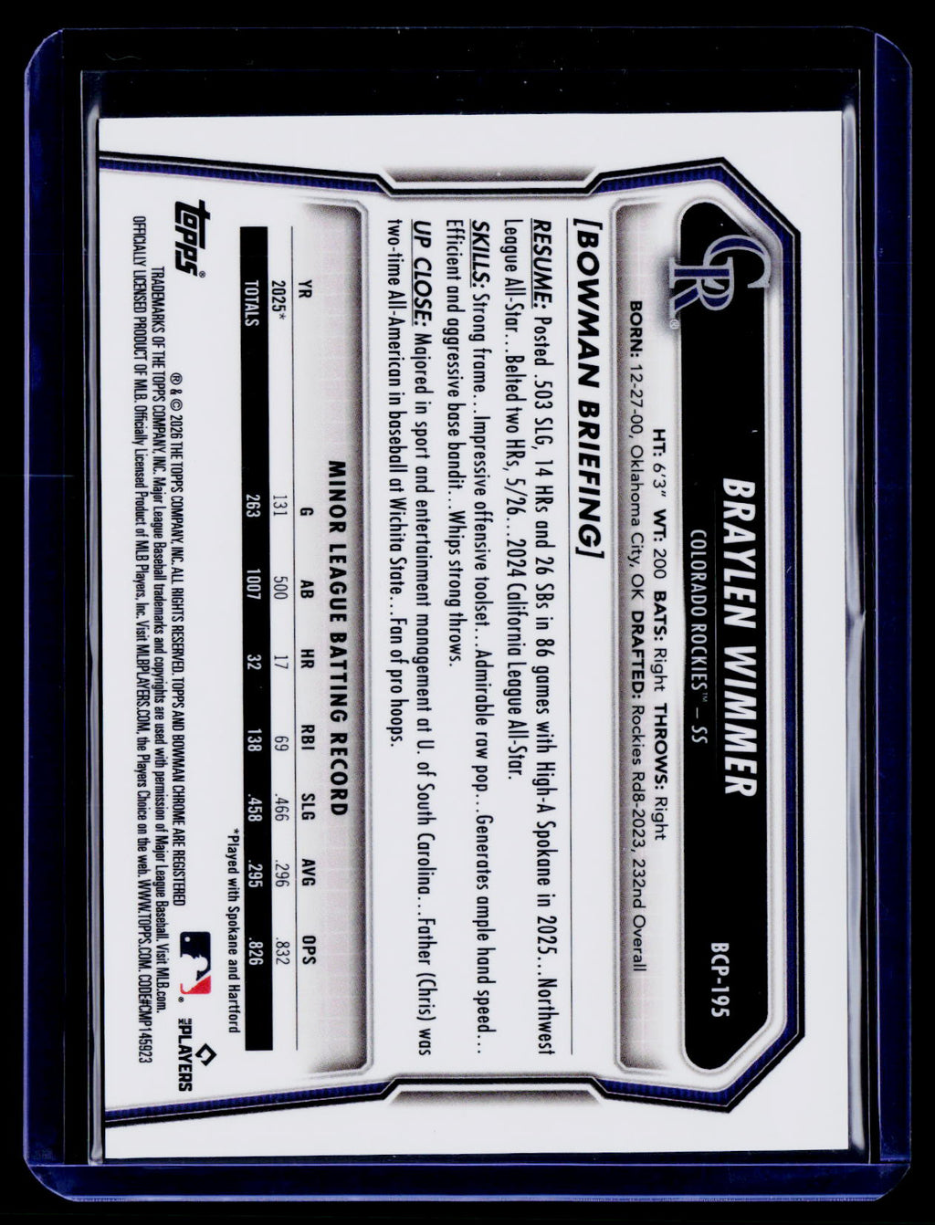 2026 Bowman Chrome #BCP-195 Braylen Wimmer Prospects Gold Shimmer Refractor #/50