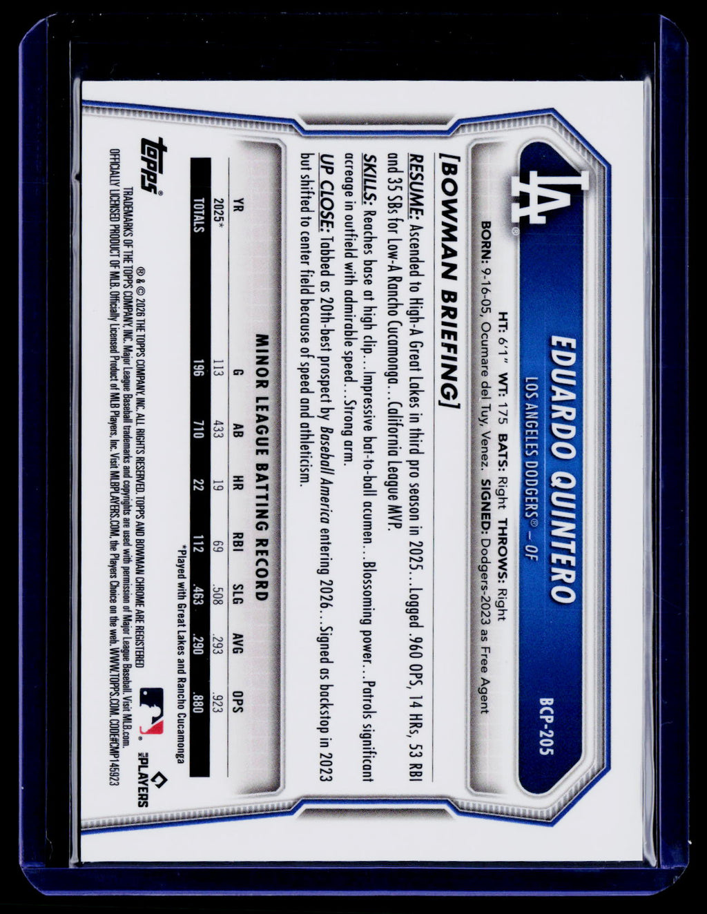 2026 Bowman Chrome #BCP-205 Eduardo Quintero Prospects Gold Shimmer Refractor/50
