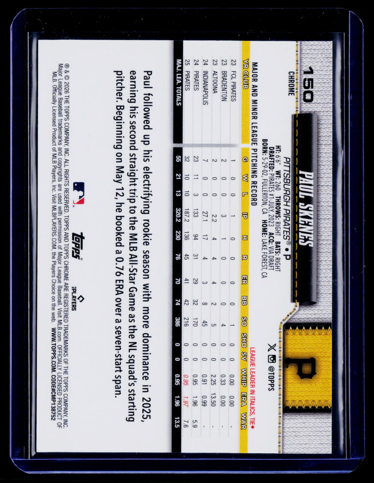 2026 Topps Chrome #150 Paul Skenes IMAGE VARIATION Pirates SP Gold /50