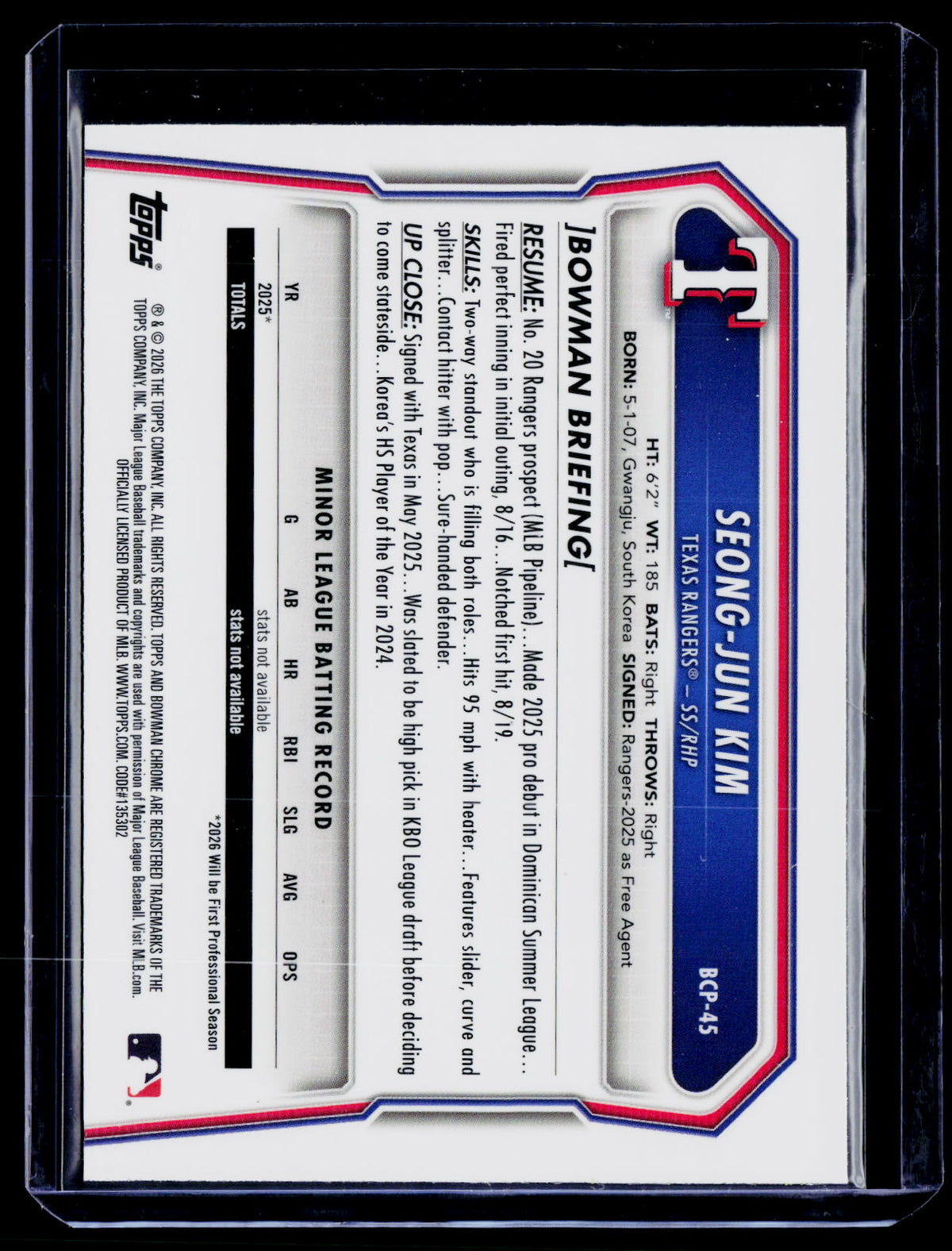 2026 Bowman #BCP-45 Seong-Jun Kim Chrome Prospects Yellow Refractor #/75
