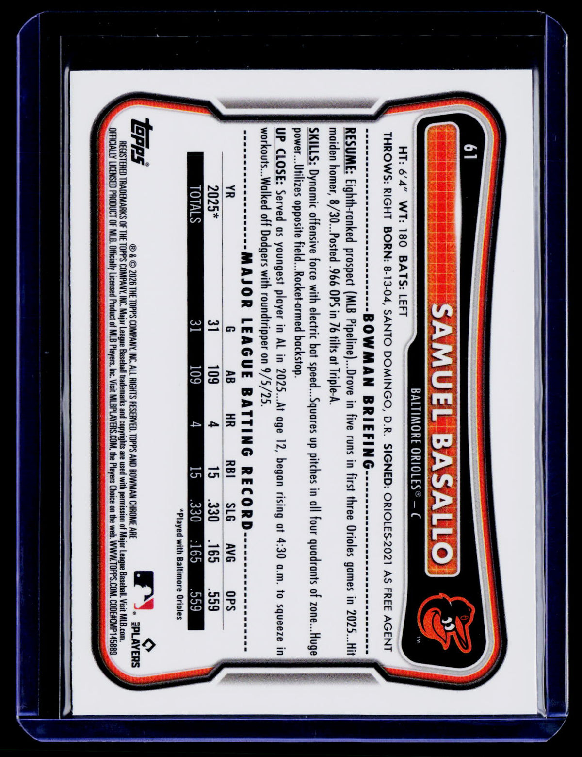 2026 Bowman Chrome #61 Samuel Basallo Green Wave Refractor #/99