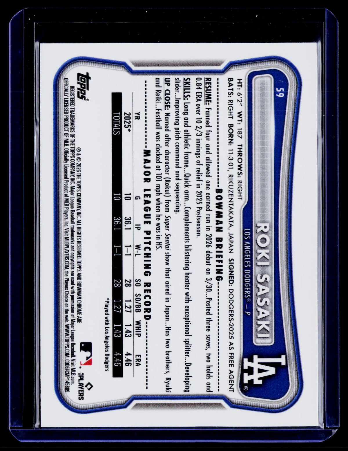 2026 Bowman Chrome #59 Roki Sasaki Green Wave Refractor #/99