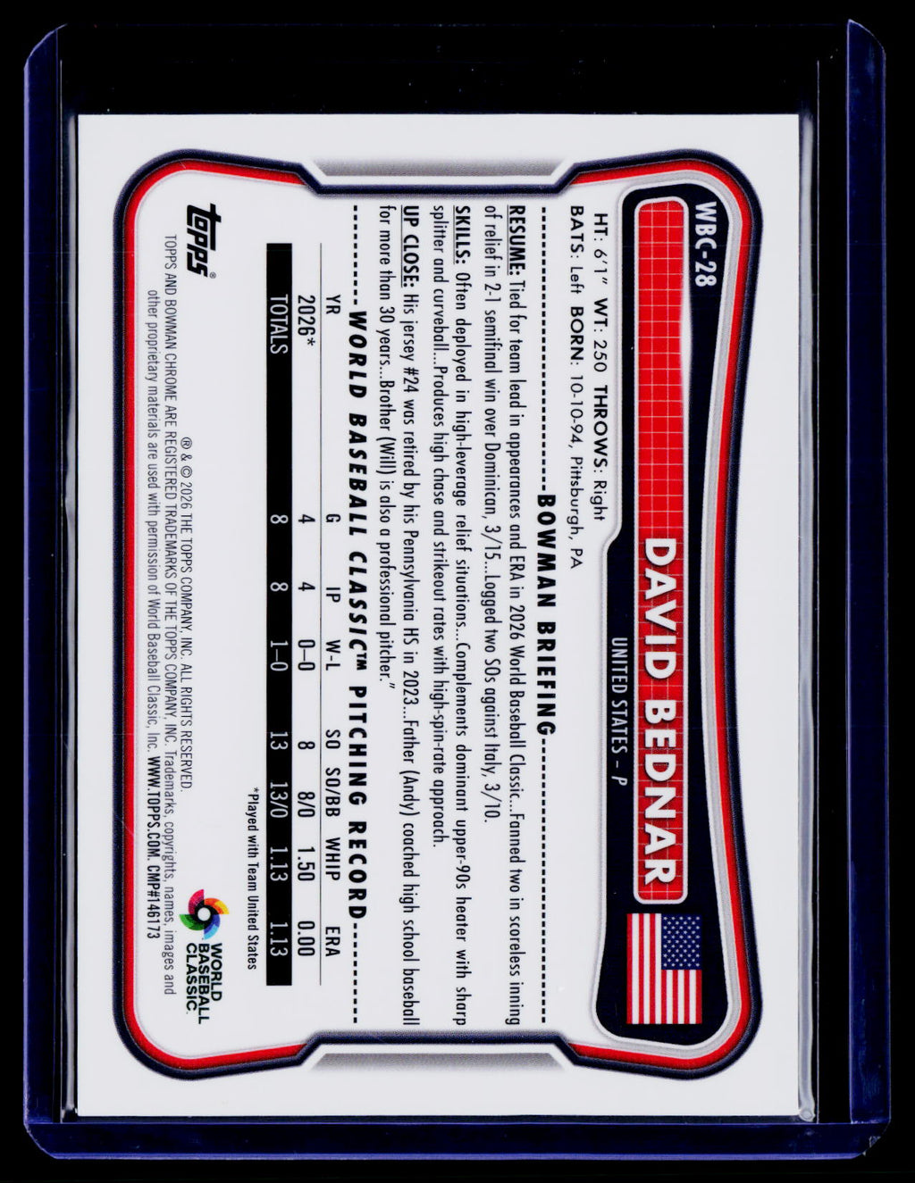 2026 Bowman Chrome #WBC-28 David Bednar WBC Flag Green Refractor #/99