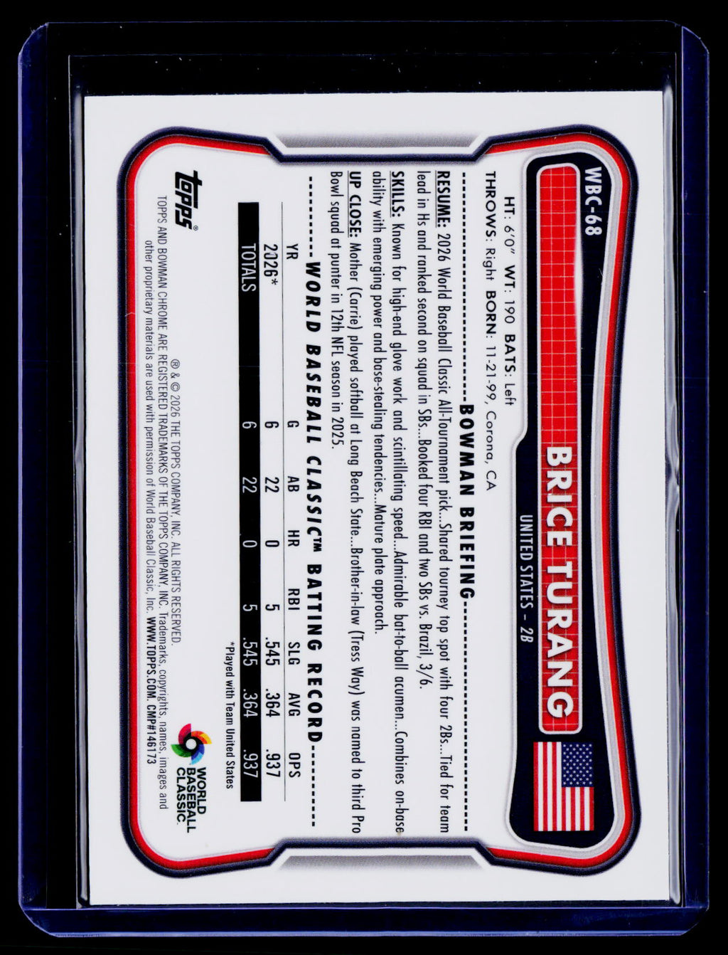2026 Bowman Chrome #WBC-68 Brice Turang WBC Flag Blue Refractor #/150